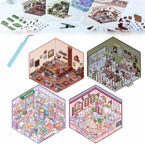 Donubiiu 4 Sets DIY 3D House Stickers, DIY Stickers Scene Make Your Own Supermarket|Coffee Shop|Restaurant|Bookstore, Scene Stickers 3D for Adult Kids (4PCS-B) von Donubiiu