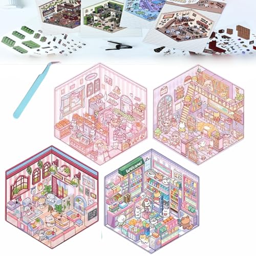 Donubiiu 4 Sets DIY 3D House Stickers, DIY Stickers Scene Make Your Own Supermarket|Coffee Shop|Restaurant|Bookstore, Scene Stickers 3D for Adult Kids (4PCS-C) von Donubiiu