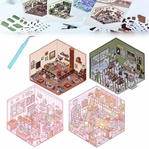 Donubiiu 4 Sets DIY 3D House Stickers, DIY Stickers Scene Make Your Own Supermarket|Coffee Shop|Restaurant|Bookstore, Scene Stickers 3D for Adult Kids (4PCS-D) von Donubiiu