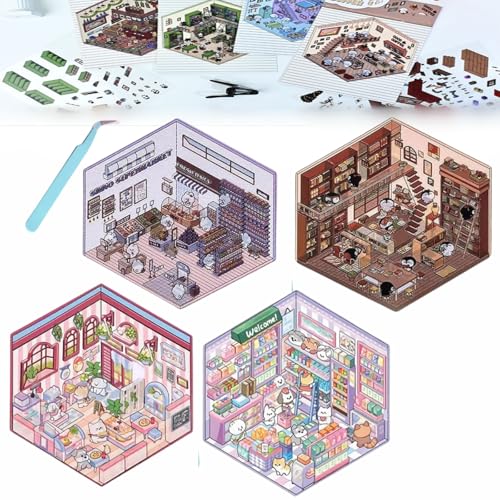 Donubiiu 4 Sets DIY 3D House Stickers, DIY Stickers Scene Make Your Own Supermarket|Coffee Shop|Restaurant|Bookstore, Scene Stickers 3D for Adult Kids (4PCS-E) von Donubiiu