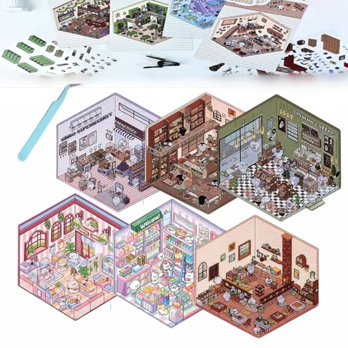 Donubiiu 4 Sets DIY 3D House Stickers, DIY Stickers Scene Make Your Own Supermarket|Coffee Shop|Restaurant|Bookstore, Scene Stickers 3D for Adult Kids (6PCS-B) von Donubiiu