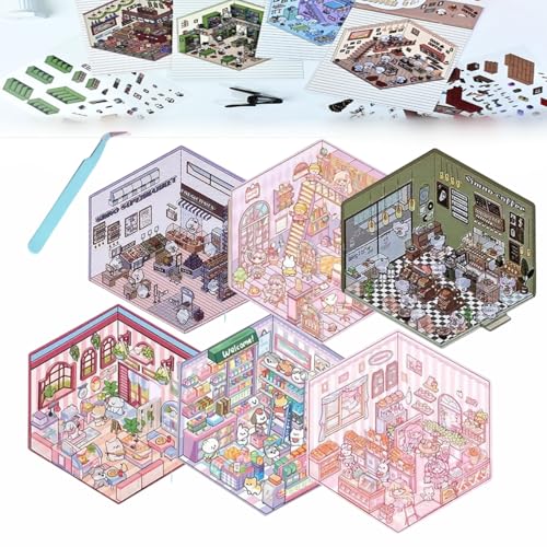 Donubiiu 4 Sets DIY 3D House Stickers, DIY Stickers Scene Make Your Own Supermarket|Coffee Shop|Restaurant|Bookstore, Scene Stickers 3D for Adult Kids (6PCS-C) von Donubiiu