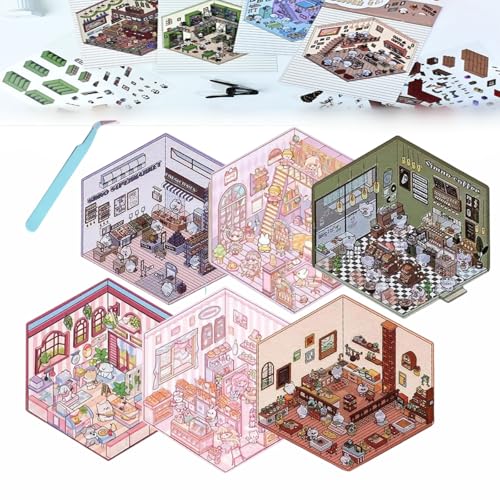 Donubiiu 4 Sets DIY 3D House Stickers, DIY Stickers Scene Make Your Own Supermarket|Coffee Shop|Restaurant|Bookstore, Scene Stickers 3D for Adult Kids (6PCS-D) von Donubiiu