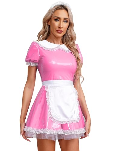 Doomiva Damen Dienstmädchen Kostüm Cosplay Französisch Magd Uniform Kanrevalskostüm mit Halsriemen Faschingskostüm Wetlook Minikleid Lederkleid Yc Hell Rosa XL von Doomiva