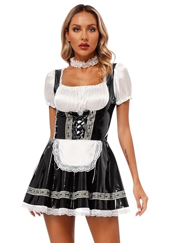 Doomiva Damen Dienstmädchen Kostüm Cosplay Französisch Magd Uniform Kanrevalskostüm mit Halsriemen Faschingskostüm Wetlook Minikleid Lederkleid Yd Schwarz L von Doomiva