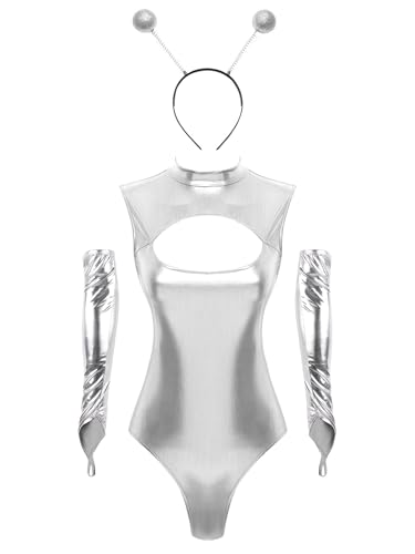 Doomiva Damen Metallic Body Kostüm Set Mit Alien Stirnband Ärmellose Catsuit Silber Tanzkostüm Halloween Karneval Faschingskostüm Silber S von Doomiva