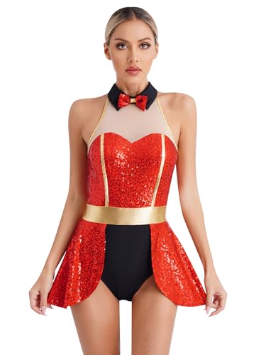 Doomiva Damen Zirkus Kostüm Ärmellose Body Glitzer Tanzbody Zirkusdirektorin Faschingskostüm Halloween Festlich Tanzkostüm Rot 3XL von Doomiva