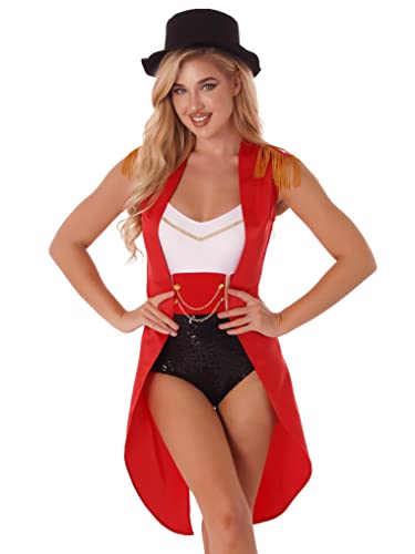 Doomiva Damen Zirkus Kostüm Halloween Rollespielen Showman Jacke Vintega Ringmaster Karneval Fashing Glitzer Body Rot XL von Doomiva