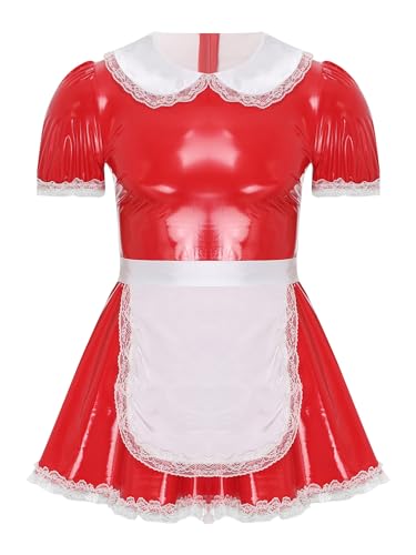 Doomiva Herren Dienstmädchen Kostüm Sissy Lederkleid Kurzarm Minikleid Mann Französische Maid Kostüm Set Halloween Kanreval Rot 4XL von Doomiva