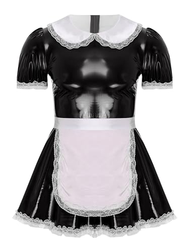 Doomiva Herren Dienstmädchen Kostüm Sissy Lederkleid Kurzarm Minikleid Mann Französische Maid Kostüm Set Halloween Kanreval Schwarz 3XL von Doomiva