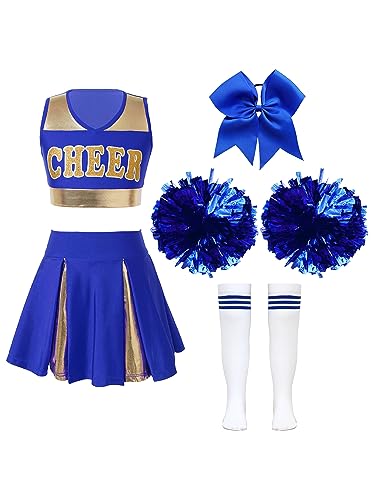 Doomiva Mädchen Cheer Leader Kostüm Set Mit Pom Cheerleading Uniform Halloween Karneval Faschingskostüm Festlich Tanzkostüm Blau 110-116 von Doomiva