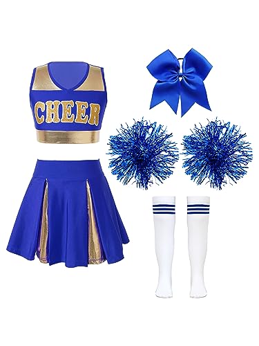 Doomiva Mädchen Cheer Leader Kostüm Set Mit Pom Cheerleading Uniform Halloween Karneval Faschingskostüm Festlich Tanzkostüm Blau A 158-164 von Doomiva