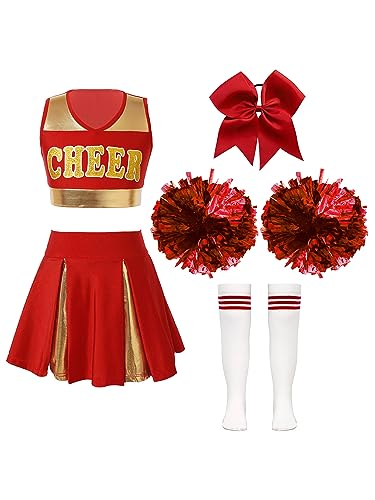 Doomiva Mädchen Cheer Leader Kostüm Set Mit Pom Cheerleading Uniform Halloween Karneval Faschingskostüm Festlich Tanzkostüm Rot 110-116 von Doomiva