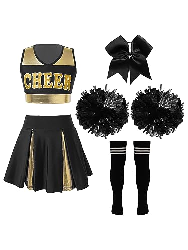 Doomiva Mädchen Cheer Leader Kostüm Set Mit Pom Cheerleading Uniform Halloween Karneval Faschingskostüm Festlich Tanzkostüm Schwarz+ Weiß 122-128 von Doomiva