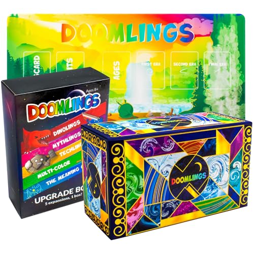 Doomlings Kartenspiel Deluxe Familienspiel für Erwachsene und Kinder - Lustige Spieleabend, 2-6 Spieler, Ab 10 Jahren -Inkl. Spielmatte, 5 Erweiterungen und 3 Holographische Karten von Doomlings