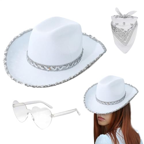 Cowgirl-Kostüm Für Damen, Strass Cowgirl Hut,Damen Cowgirl-Hut Mit Herzbrille Und Schal Cowgirl Hut, Cowgirl-Hut Für Damen Und Herren, Erwachsene, Für Cosplay, Kostümparty, Rollenspiel, Cosplay von Dopsyesn