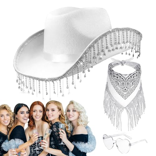 Dopsyesn Cowboy Hut Set Mit Strass & Fransen (3-teilig) | Schwarze Cowboybrille + Bandana | Glitzernder Kostümhut Für Damen/Herren | Western-Party, Karneval, Rolle von Dopsyesn