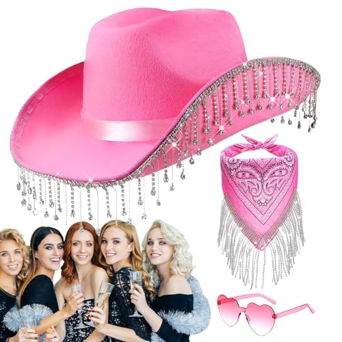 Dopsyesn Cowboy Hut Set Mit Strass & Fransen (3-teilig) | Schwarze Cowboybrille + Bandana | Glitzernder Kostümhut Für Damen/Herren | Western-Party, Karneval, Rolle von Dopsyesn