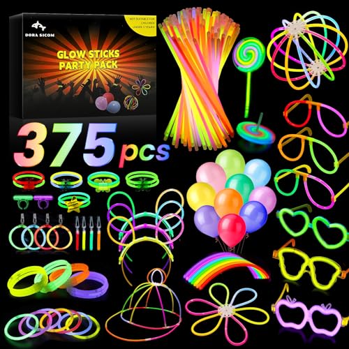 Dora Sicom Knicklichter Kinder Ungiftig Erlebe strahlende Momente mit Leuchtstäben, led Party Deko und Leuchtarmbändern inklusive Knicklichter Party Set partyspiele kinder partyzubehör/375 Stück von Dora Sicom