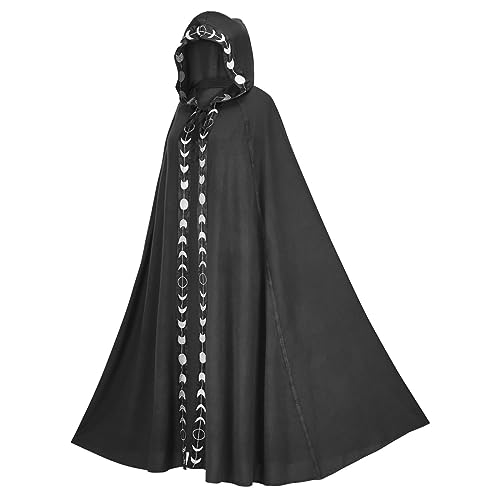 Zaubererumhang 61 Zoll lang mit Kapuze, Blumenrand, Halloween-Umhang für Erwachsene, Renaissance, mittelalterlicher Kordelzug, schwarzer Umhang, Unisex, Gothic-Zaubererrobe für Weihnachten, Maskerade, von Dorccsi