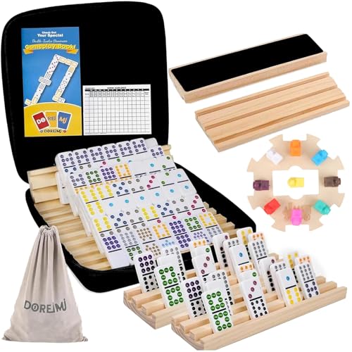 Mexikanisches Zug-Domino-Set mit Holznabe und 8 Regalen/Tabletts, Doppel-Domino-Set für Kinder, Erwachsene, mexikanischer Zug, Set mit 91 Fliesen und Tragetasche, klassische Brettspiele für von Doreimi