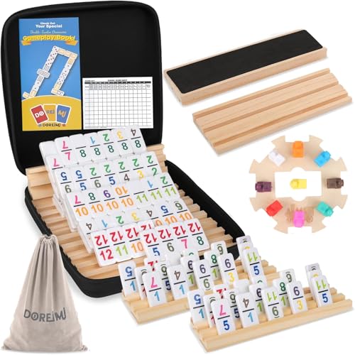 Mexikanisches Zug-Domino-Set mit Zahlen und 8 Holzregalen, Doppel-Domino-Set für Kinder, Erwachsene, mexikanisches Zug-Set mit 91 farbigen Spielsteinen und verbessertem Hub, klassische Brettspiele für von Doreimi