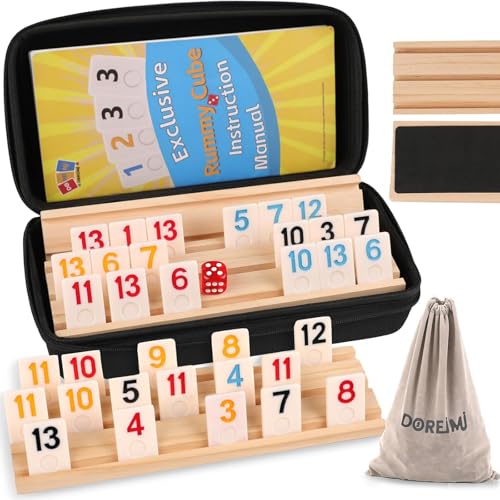 Rummy Cube 4-Spieler-Edition mit 4 Holzregalen, Rommé-Würfel-Spiel mit Etui, 4 Spieler mit tragbarer Hülle, 108 Fliesen, Reisespiel-Set für Familie von Doreimi