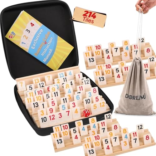 Rummy Cube für 8 Spieler, verbesserte Edition mit 8 Holzregalen, 214 Spielsteinen, Rommé-Würfel-Spiel, originelles Rommé-Spiel, mit Tragetasche, Rommé-Spiel, Reisespiel-Set für Familie, klassische von Doreimi