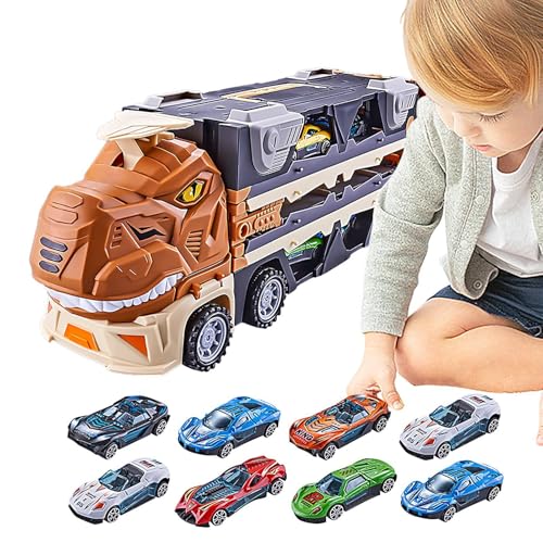 Dottduya Dinosaurier-Transporter-LKW,Dinosaurier-LKW-Spielzeug - Transporter-Spielzeug mit 2 Auswurfschienen und 8 Metallfahrzeugen,Truck-und Track-, Spielzeug-Truck für und Mädchen ab 3 Jahren von Dottduya