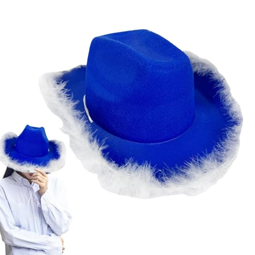 Dottduya Feder Boa Cowboyhut, Cowboy Federhut für Frauen | Blue Cowgirl Fashion Feather Boa Hut - Neuheit feindes westliche Kopfbedeckung, Halloween Dressing Kopfstück -Accessoires für Bachelorette von Dottduya