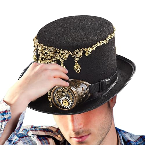 Dottduya Steampunk-Hut, Steampunk-Zylinder - Cosplay Kopfbedeckung mit Schutzbrille | Halloween-Hut mit Totenkopfkette, ausgefallenes Kostüm-Cosplay-Zubehör von Dottduya