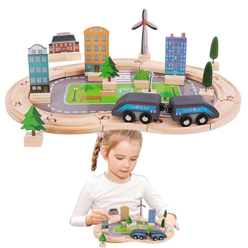 Holzeisenbahn-Set,Eisenbahn-Set aus Holz, Rennstrecken-Spielset, Set mit 46 Straßen-Puzzle-Strecken für Kinder ab 3 Jahren, Spielzeug zum Bauen von Eisenbahnwaggons, pädagogisches Spielzeugset für Vor von Dottduya