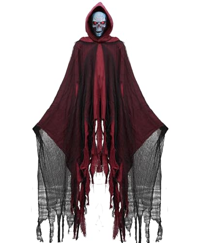 Double Couple Sensenmann-Kostüm mit gruseliger Halloween-Maske, für Damen und Herren, Halloween-Kostüm, Umhang mit Kapuze, Cosplay (rot) von Double Couple