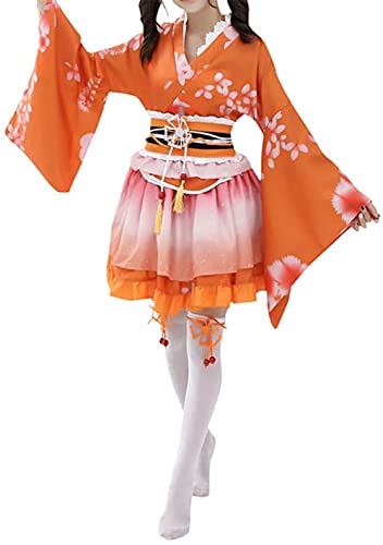 Double Villages Yukata Kimono-Kleid im japanischen Stil, Yukata-Serie, süßes Mädchen-Kostüm (orange) von Double Villages