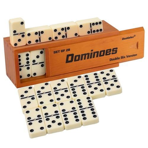 Domino Set für Erwachsene, Domino Set Double Six, Double 6 Jumbo Domino Steine mit Spinner in exklusiver Holzbox, 28 Stück Großes Domino Set 28 Steine mit braunem Holzetui von Doublefan