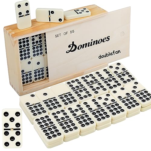 Doublefan Dominoes Set für Erwachsene, Klassische Brettspiele Double 9 Dominos Spielset mit Spinner 55 Steine mit braunem Holzkasten (2-7 Spieler) (55 PCS) von Doublefan