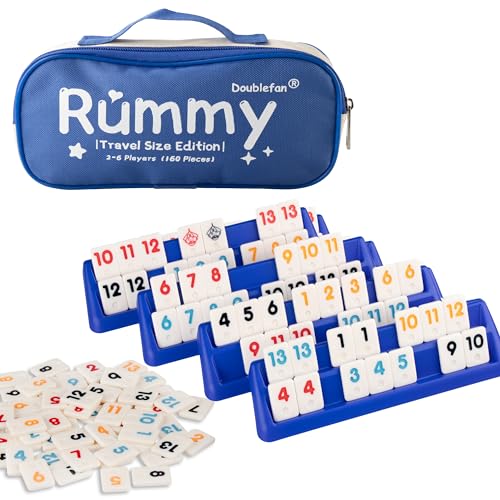 Doublefan Mini Rummy Set, Rummy-Spiel in Reisegröße mit strapazierfähiger Segeltuchtasche, klassisches Rummy-Spiel für Erwachsene und Kinder, 160 Steine, 6 Spielständer, 1 Würfel (2-6 Spieler) von Doublefan