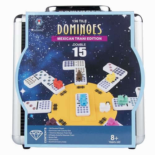 Mexican Train Dominoes,Double Fifteen Dominoes Set for Adults, Aluminum Box, Coloured Dots,136 Domino Pieces (2-10 Players) von Doublefan