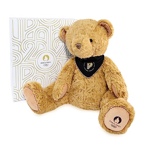 Doudou et Compagnie - Bär Premium Paris 2024 – offizielles Lizenzprodukt der Olympischen Spiele in Paris 2024 – Plüsch mit Bandana – ab der Geburt – für Baby – 37 cm – Braun – JO2452 von Doudou et Compagnie