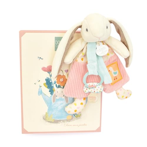 Doudou et Compagnie DC4209 Hase mit Schnullerkette, Rosa, Schnullerkette für Kinder ab der Geburt, 19 cm, Geschenkidee mit Geschenkbox von Doudou et Compagnie