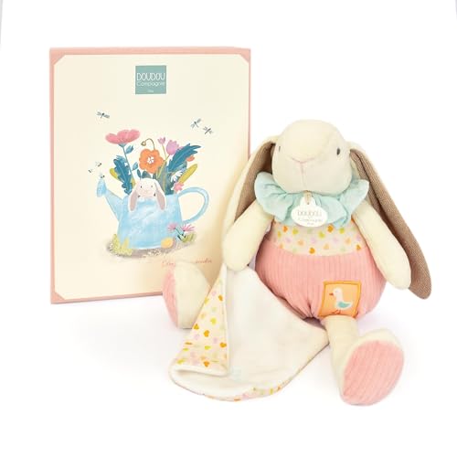 Doudou et Compagnie - Hase CIBOULETTE – Kuscheltier mit weißem Flachtuch – Geschenkidee für Kinder ab der Geburt – 28 cm – mit Geschenkbox – Garandtie Kuscheltier Perdu – DC4208 von Doudou et Compagnie