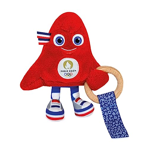 Doudou et Compagnie Kuscheltier Rassel mit Ring aus Holz für Baby – Kuscheltier Maskottchen offizielles Maskottchen der Olympischen und Paralympischen Spiele 2024 – Plüschtier Phryge rot – 14 cm – ab von Doudou et Compagnie