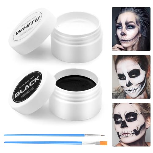 Halloween Gesichtsfarbe Schwarz Weiß mit Pinseln,Gesicht Schminke Schwarz Weiß,Body Painting Schwarz Weiß,Halloween Gesichtsbemalung,Kinderschminke,Face Paint für Joker Zombie Vampire Skelett Schminke von Doukesh