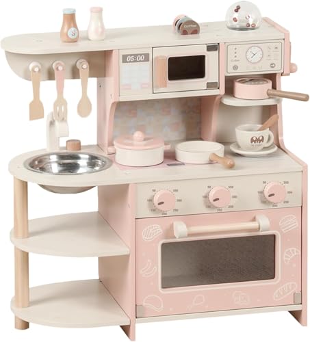 Spielküche Holz Kinder Spielset gefälschte Küche mit Kaffeemaschine Backofen Mikrowelle Zubehör Töpfe Spielspüle Mini Set Küche Spielzeug Geschenk von Comple von DouxiE