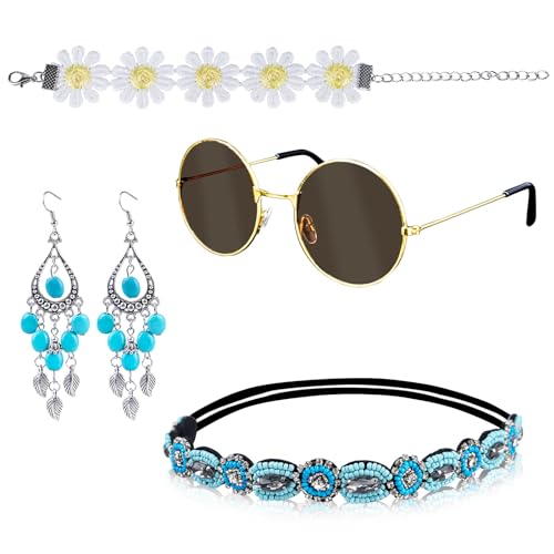 Dowdiles Hippie Accessoires, 4 Stück Hippie Kostüm Set, 70er Jahre Bekleidung Damen Accessoires, Hippie Damen, 70er Jahre Accessoires, Böhmen Hippie Deko von Dowdiles