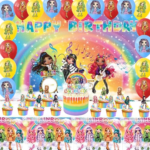 33Pcs Kinder Geburtstag Kuchen Dekoration Regenbogen Musik Party Dekoration Set Banner Ballon Tischdecke Kuchen Dekoration für Mädchen Geburtstag Party Dekoration von Doyomtoy