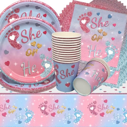 Boy or Girl Partygeschirr Set,Doyomtoy 53 Stück Reveal Party Supplies Reveal Geburtstag Deko Tassen Servietten Tischdecke für Kindergeburtstag Party Deko Baby Shower von Doyomtoy