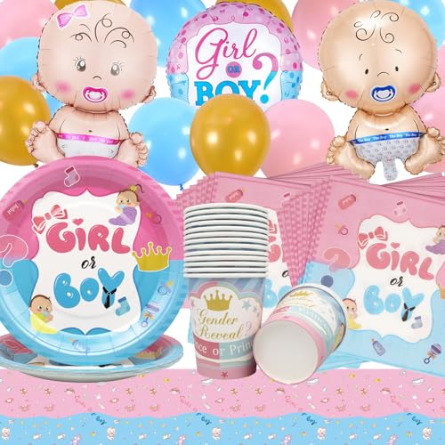 Doyomtoy Gender Reveal Dekoration,68pcs Gender Reveal Partygeschirr,Boy or Girl Teller Party Geschirrset-Reveal Ballon Party Teller Tassen Servietten und Tischdecke,Babyparty Party Zubehör Supplies von Doyomtoy