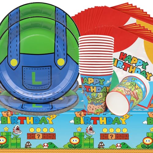 Doyomtoy M-ario Party Supplies,61 Stück Spiel-Thema Partygeschirr Kindergeburtstagsparty-Dekoration Teller Papierhandtuch Tischdecke Pappbecher,für 20 Gäste M-ario Geburtstag von Doyomtoy