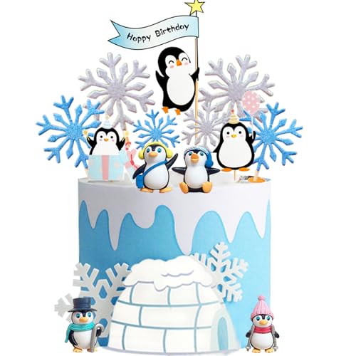 Doyomtoy Pinguin Kuchendekoration,Tortendekoration 14Stück Mini Pinguin Figuren Weihnachten Cake Topper Schneeflocke Cupcake Topper Winter Weihnachts Tortendekoration Dekorationen für Kindergeburtstag von Doyomtoy